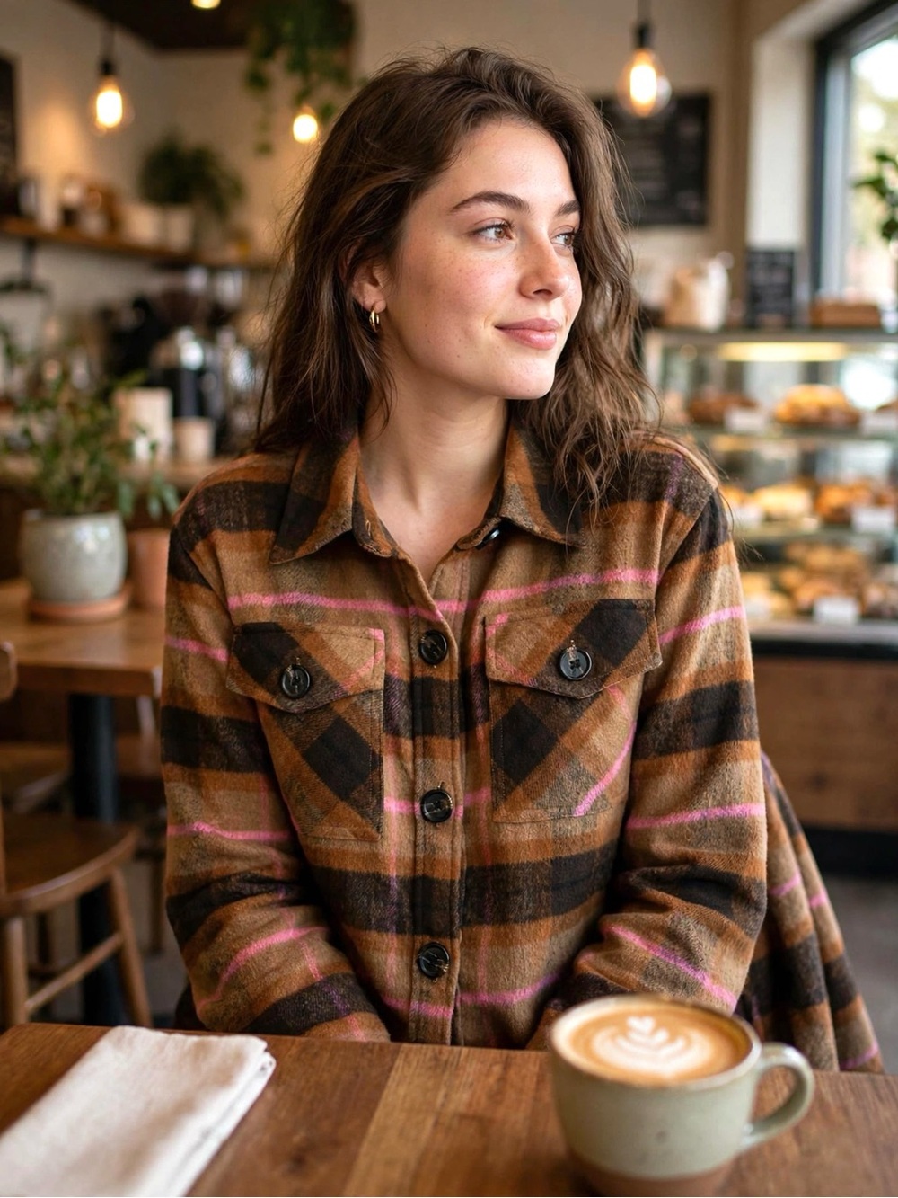 BB Dakota Brown Plaid Utility Shacket with Pink Stripes